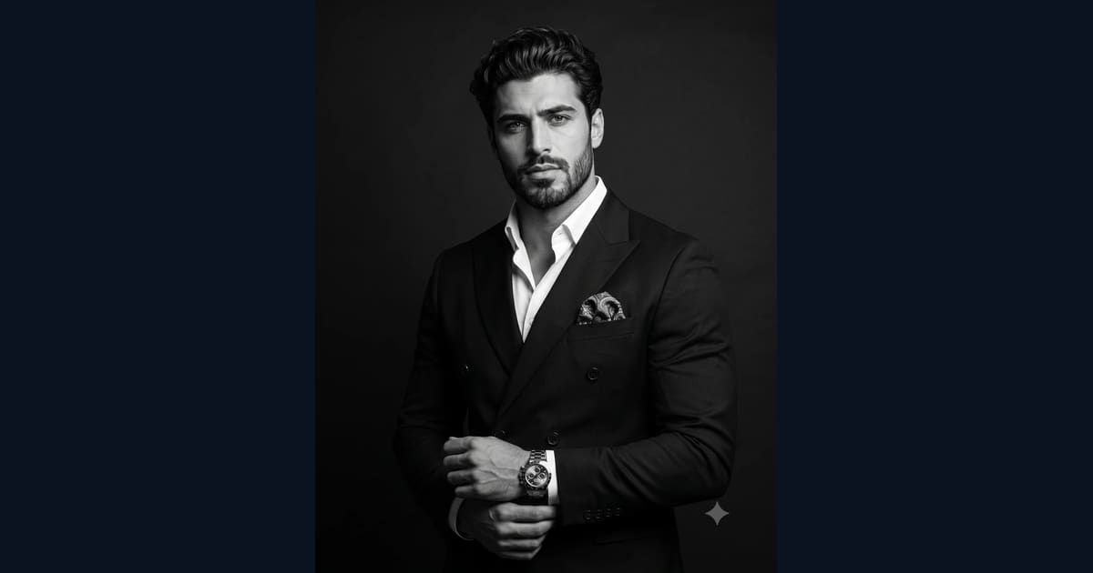 Classic Monochrome Portrait: Elegant Gentleman in Black Suit AI Image Prompt Result