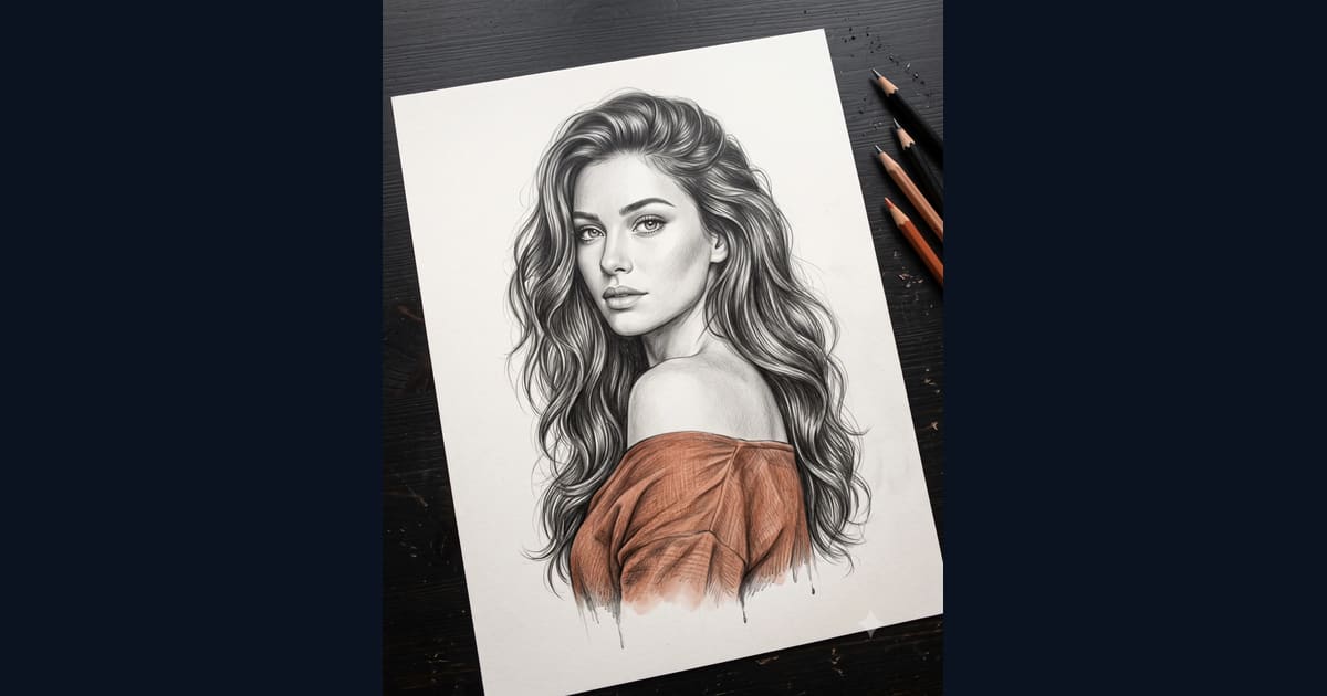 Pencil Sketch Portrait Prompt of Woman with Color Accent AI Image Prompt Result