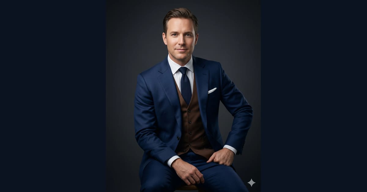 Navy Blue Suit with Tailored Brown Vest AI Image Prompt Result