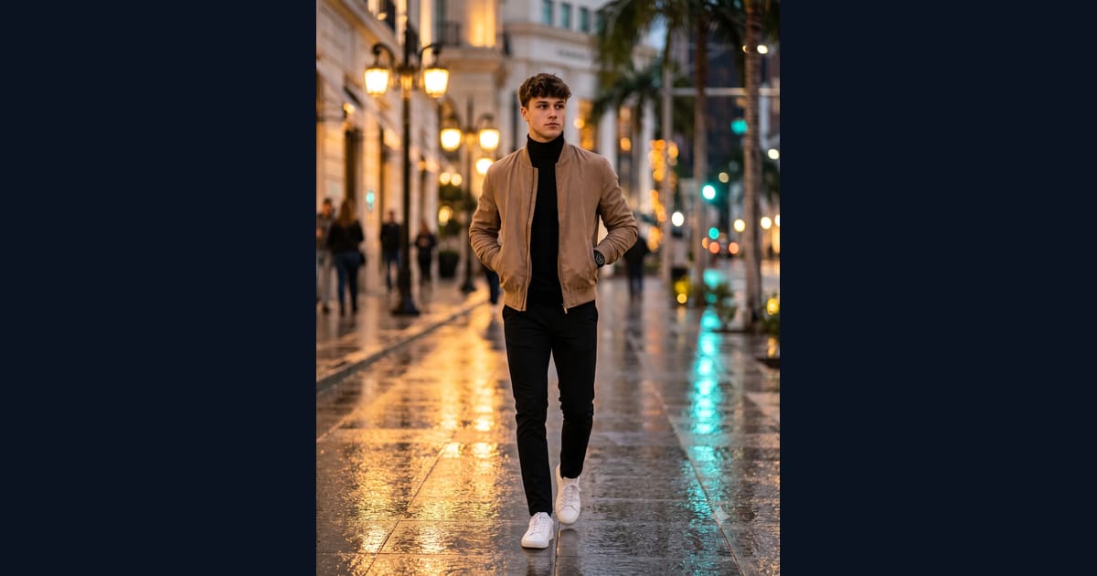 Stylish Man Walking in the City at Night Portrait AI Image Prompt Result