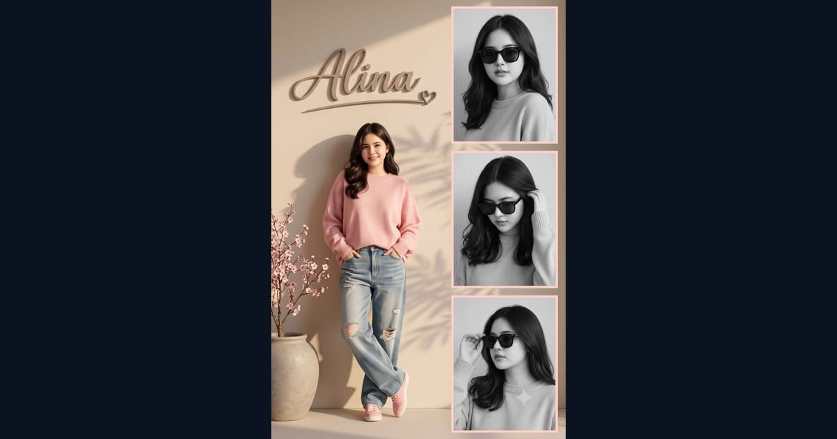 Pink Sweater Name Plate Sunglasses Collage Portrait AI Image Prompt Result