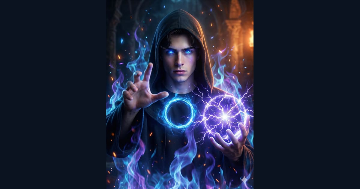 Hooded Mage Wielding Lightning and Blue Fire - AI Art Generation Prompt AI Image Prompt Result