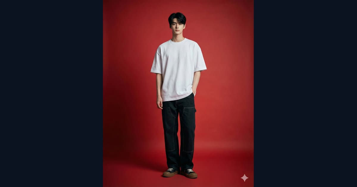 Studio Portrait of Male Model in Streetwear Outfit on Red Backdrop - AI Image Prompt AI Image Prompt Result