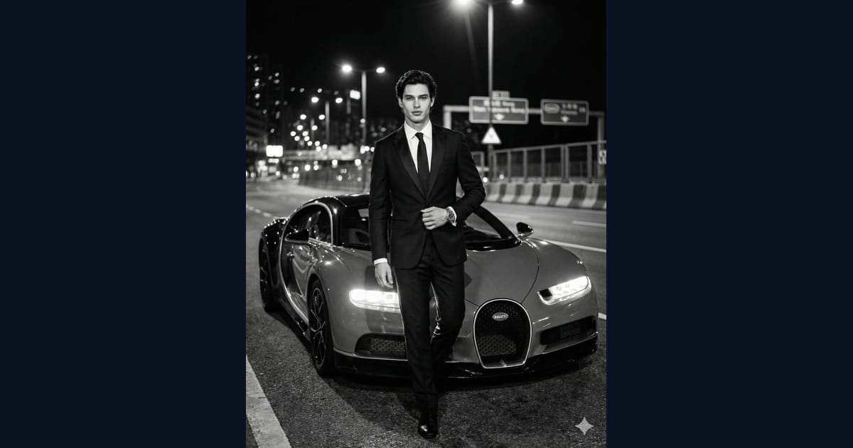 B&W Portrait: Man in Suit with Bugatti Chiron – AI Image Prompt AI Image Prompt Result