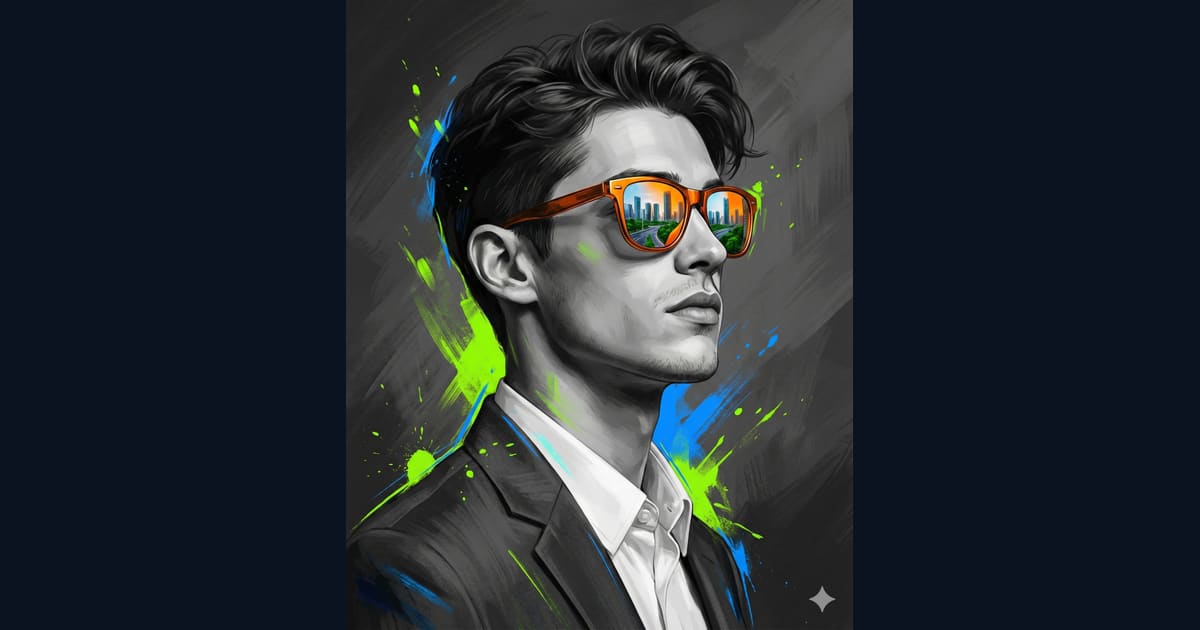AI Image Prompt: Stylized Man in Suit with Neon Paint & City Sunglasses AI Image Prompt Result