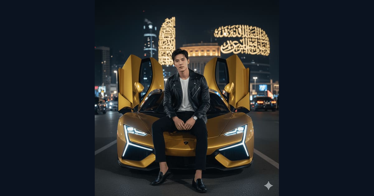 Stylish man with golden supercar AI Image Prompt Result