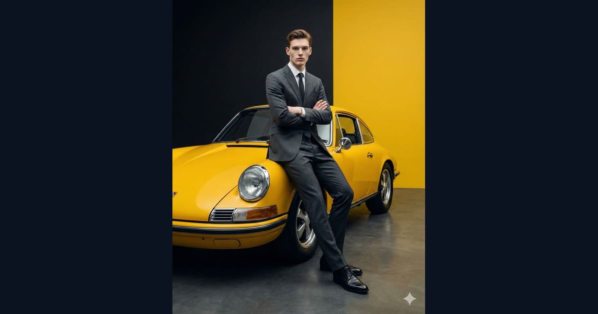 Man in Grey Suit Leaning on Vintage Yellow Porsche 911 - AI Image Prompt Result