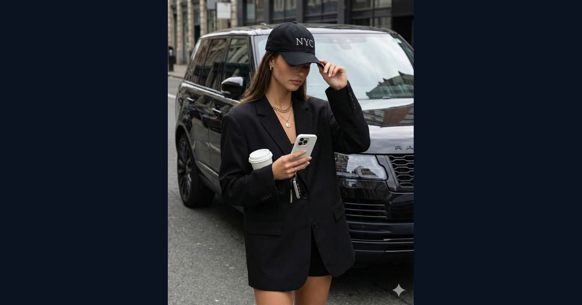 Casual City Fashion: Black Blazer and Cap Near Range Rover - AI Image Prompt Result