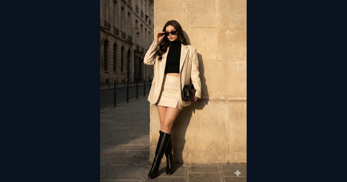 Parisian Style Cream Blazer and Skirt Outfit - AI Image Generation Prompt AI Image Prompt Result