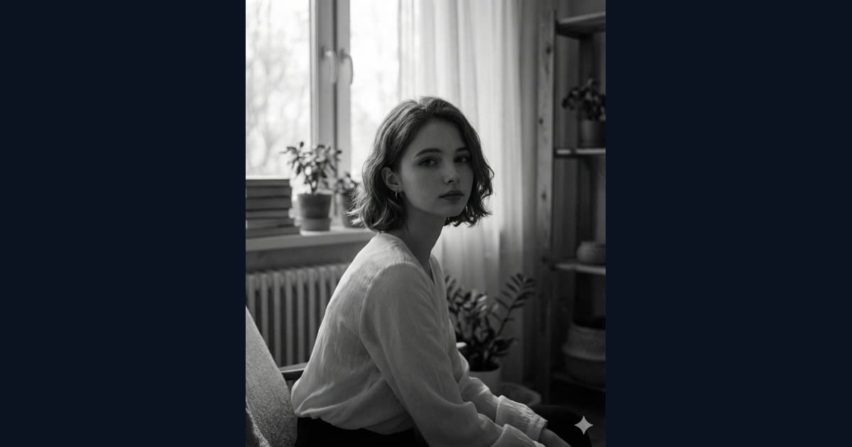 Black and White Portrait of Young Woman Sitting by Window - AI Image Prompt Result