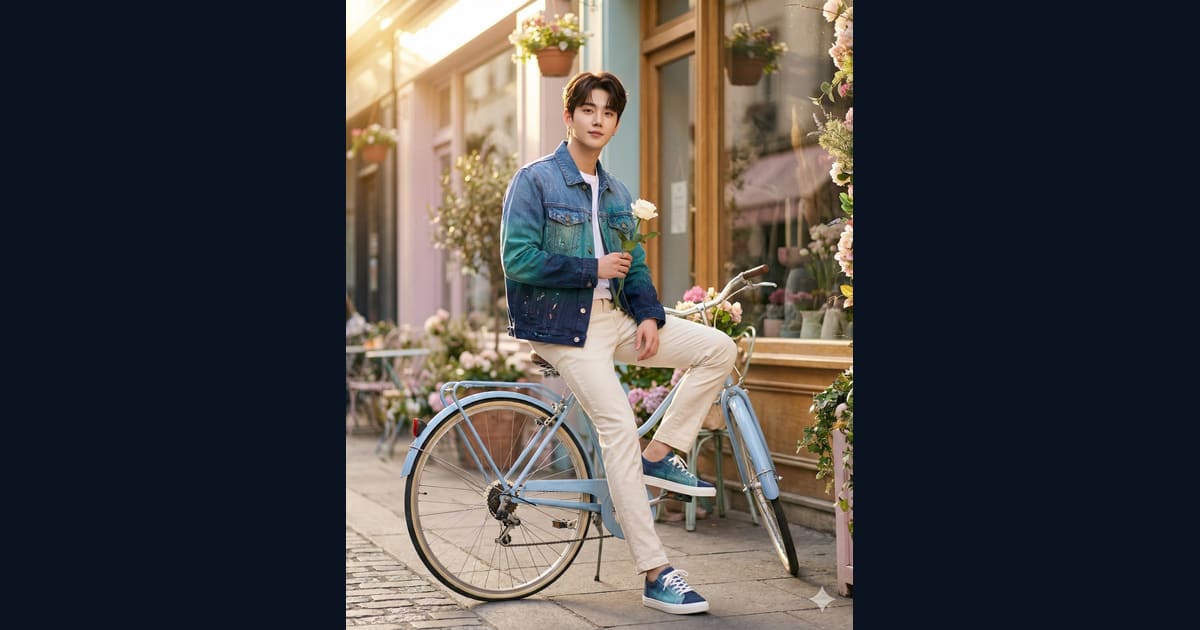 Man in Gradient Denim Jacket with Bike on Cobblestones -AI Image Prompt AI Image Prompt Result