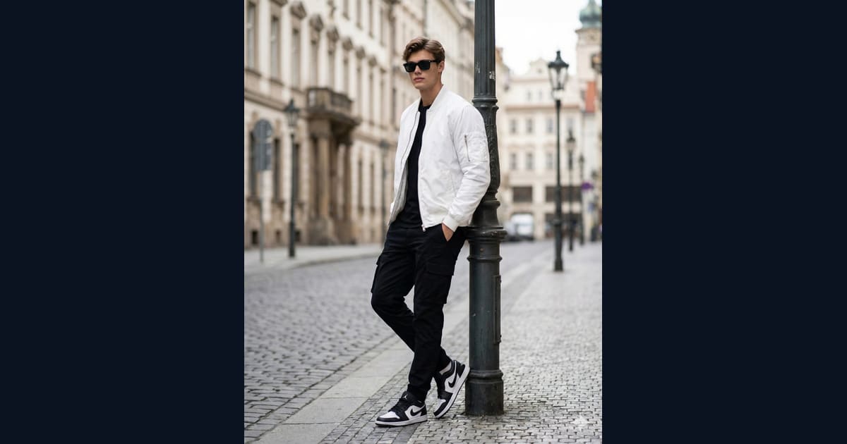 Man Leaning Against a Lamppost on a Cobblestone Street - AI Image Promptt AI Image Prompt Result