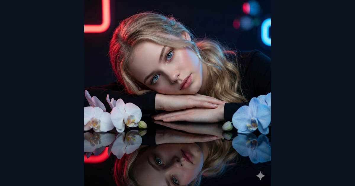 Woman Leaning on Reflective Surface with Flowers - AI Image Prompt Result