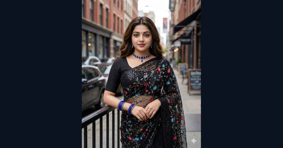 Black Saree with Floral Embroidery AI Image Prompt Result