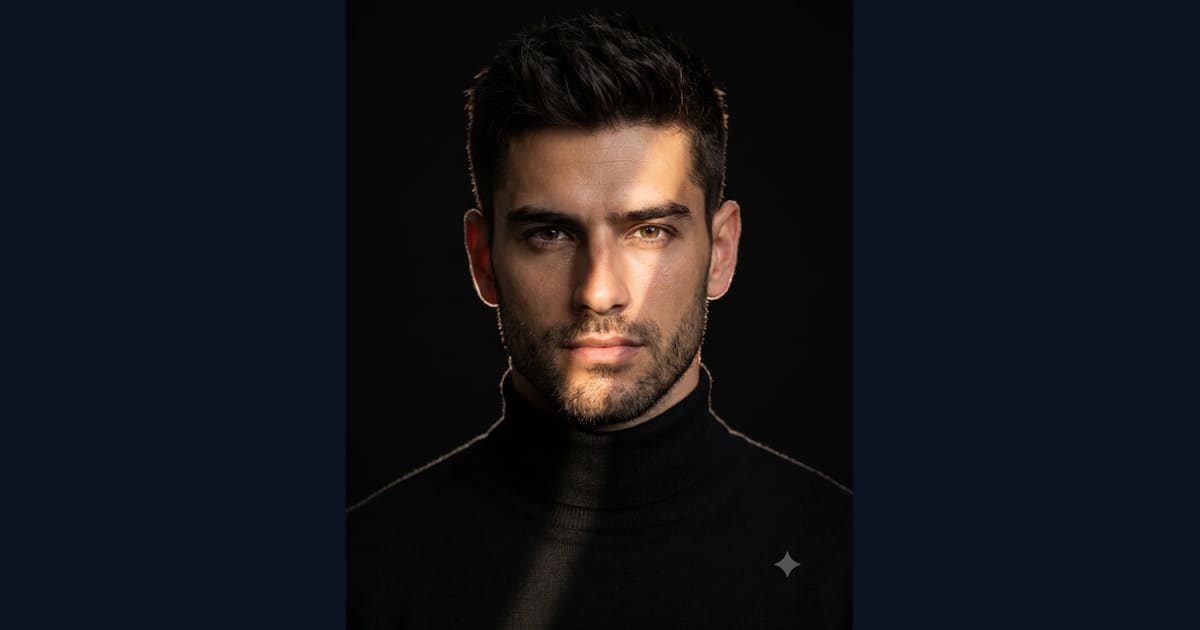 Dramatic Split-Light Male Portrait in Black Turtleneck Prompt AI Image Prompt Result