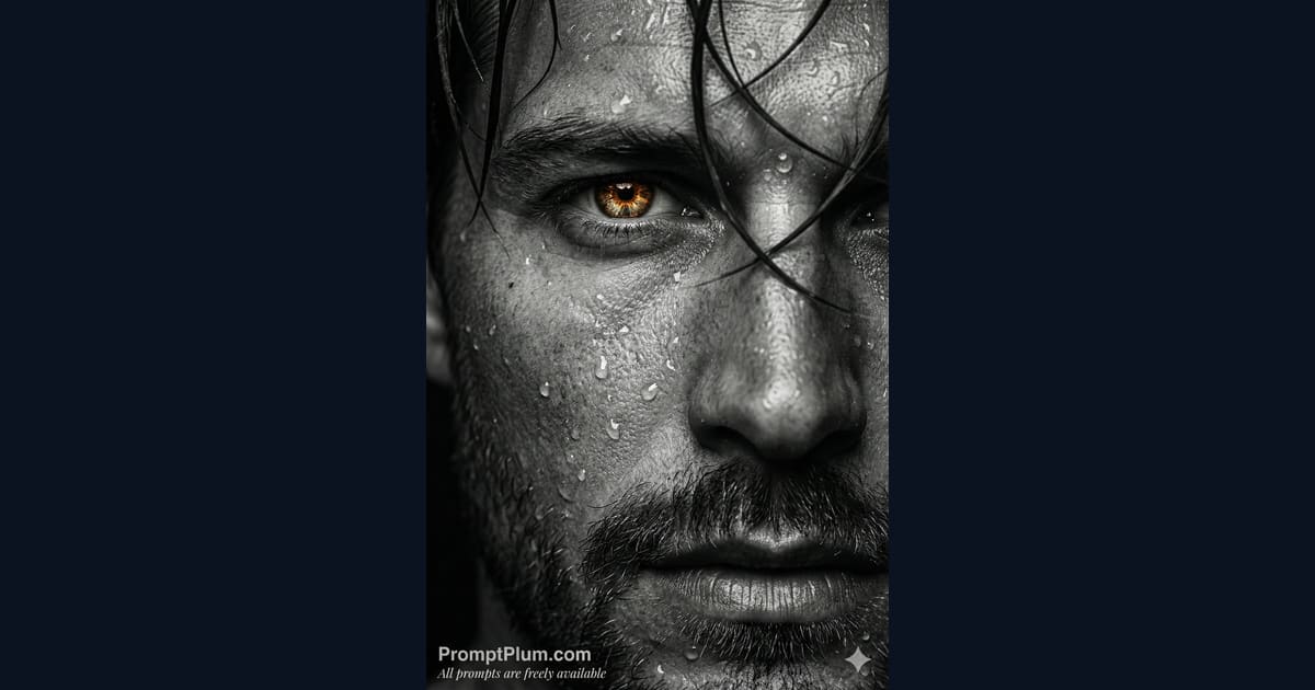 Black and White Male Portrait with Glowing Amber Eye - AI Image Prompt Result