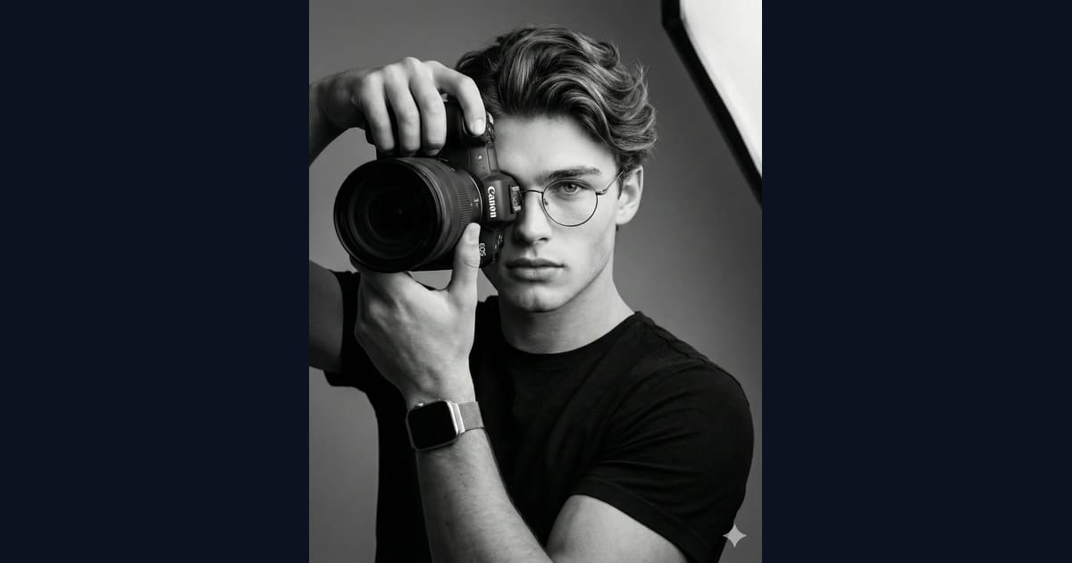Black and White Portrait of Young Man with Camera - AI Image Prompt AI Image Prompt Result