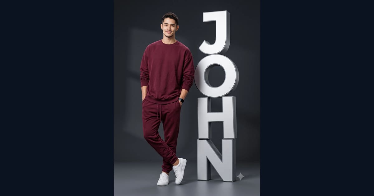 Man Standing with 3D Stacked Typography Studio Portrait Prompt AI Image Prompt Result