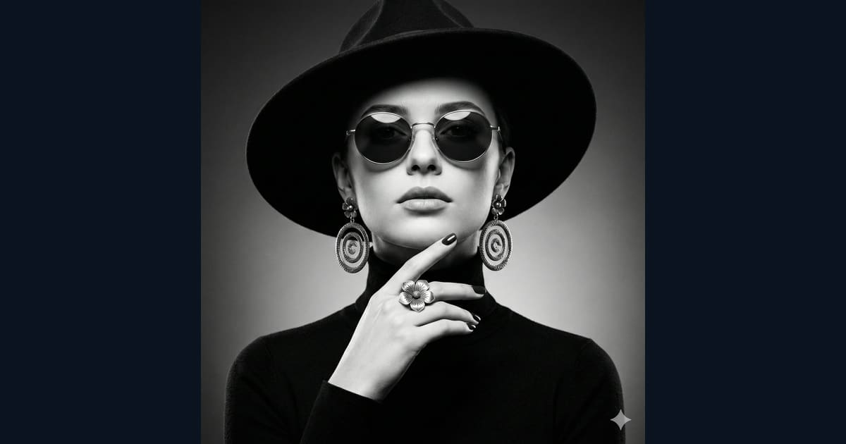 Classic B&W Portrait: Wide-Brimmed Hat and Spiral Earrings - AI Image Prompt Result