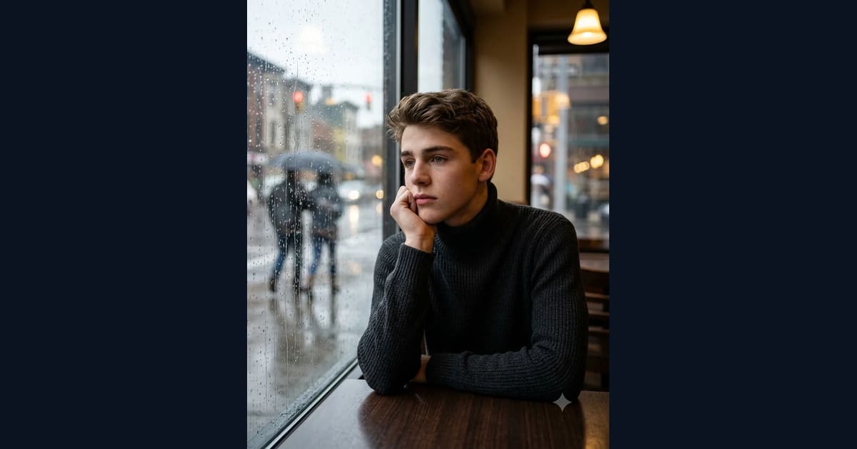 Boy Sitting in Coffee Shop Rainy Window AI Image Prompt Result