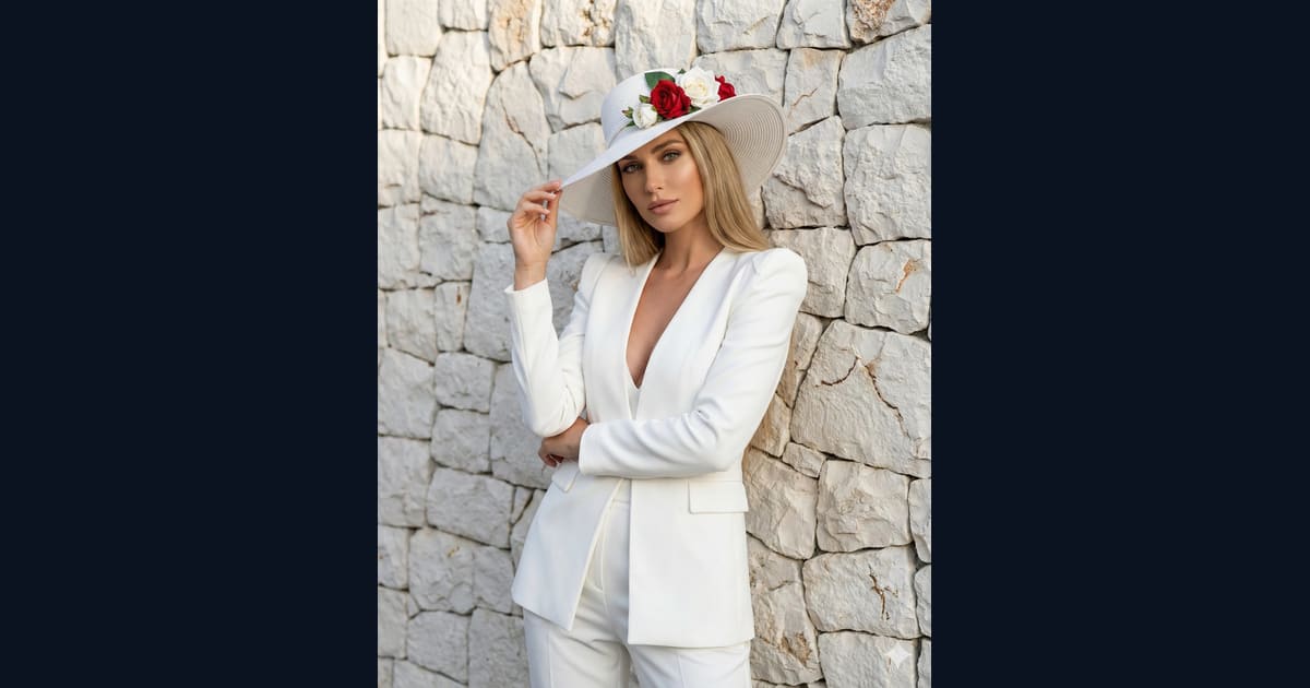 Fashionable Woman in White Attire Leaning on White Rock Wall AI Image Prompt Result