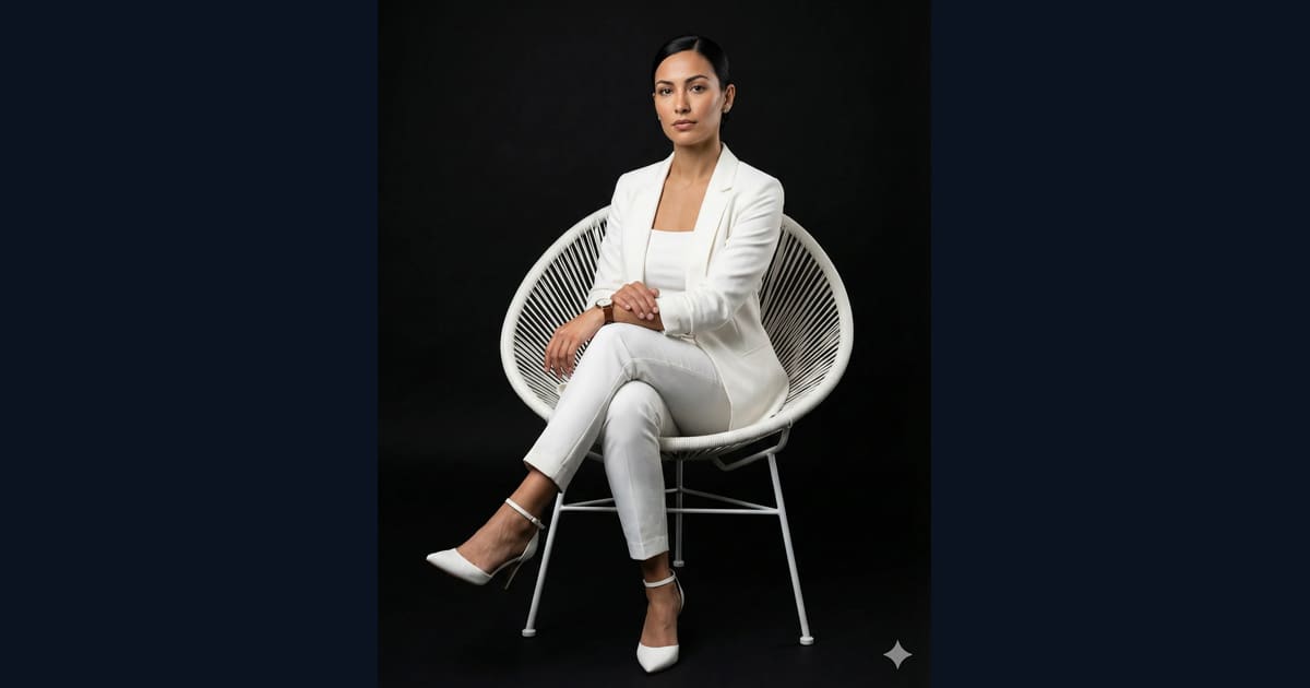Female Executive Seated in White Business Suit on Black Background AI Image Prompt Result