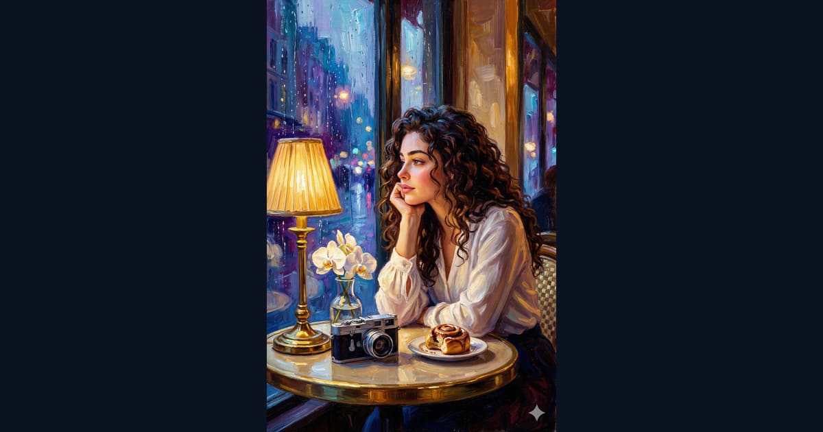 Impressionist Oil Painting of a Woman in a Rainy City Café - AI Image Prompt Result
