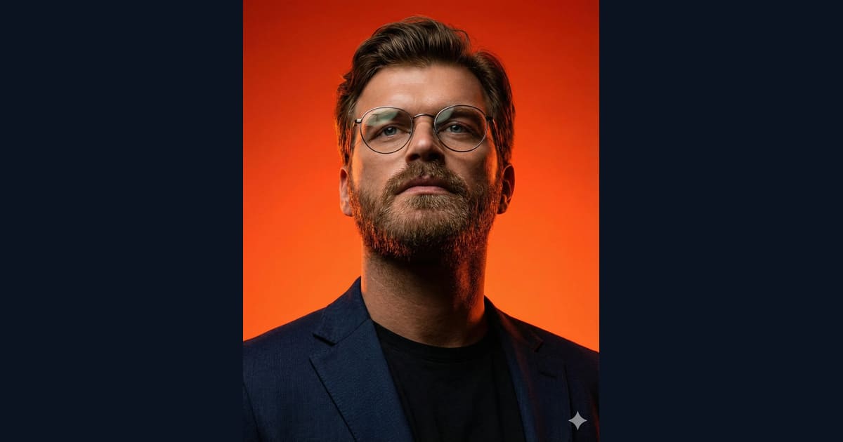 Male Studio Portrait on Vibrant Orange Backdrop - AI Image Prompt Result