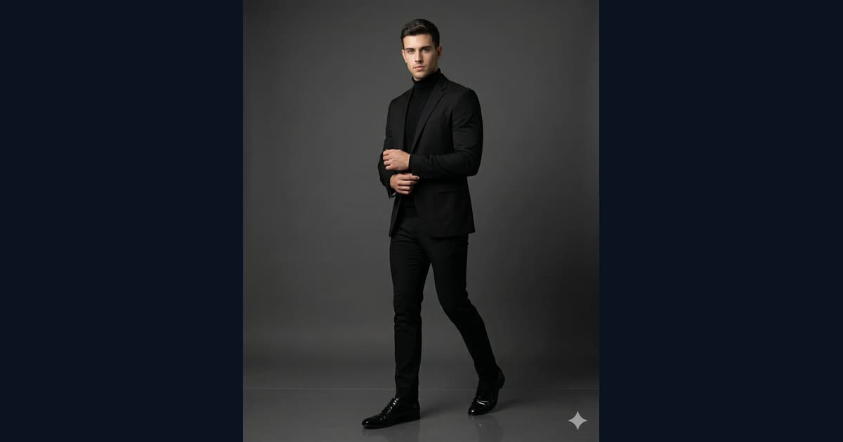 High-Fashion Black Suit with Black Turtleneck AI Image Prompt Result