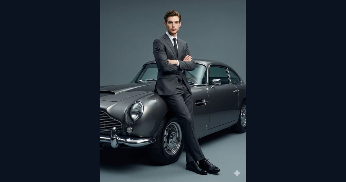 Man in Charcoal Suit Leaning on Vintage Luxury Car - AI Image Prompt Result