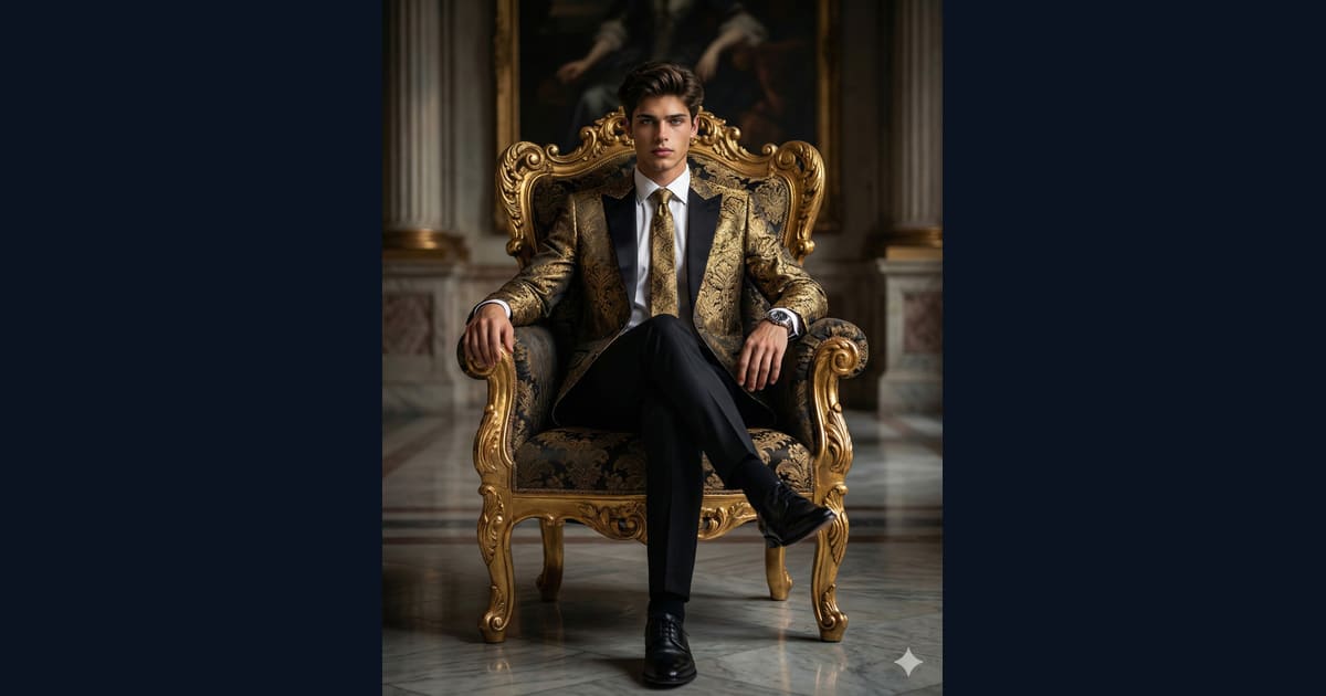 Man in Gold Blazer Sitting on Ornate Gold Chair - AI Image Prompt Result