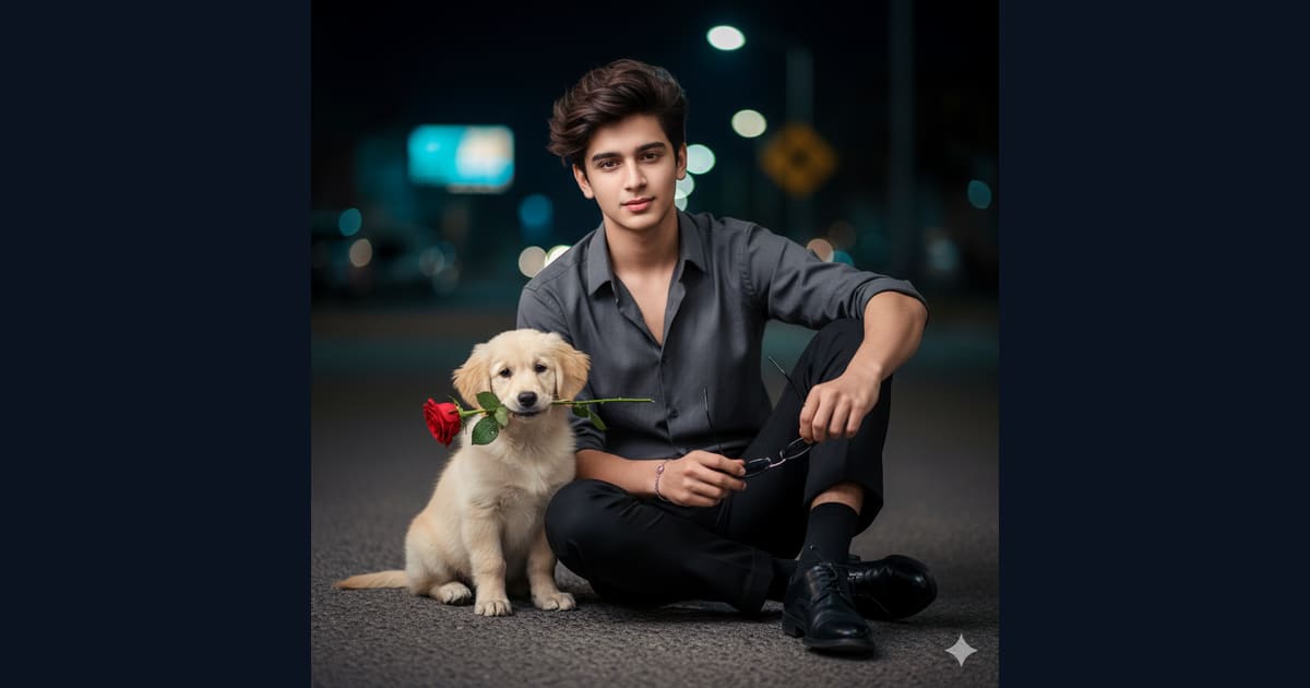 Man Sitting with Golden Retriever Puppy Holding Red Rose - AI Image Prompt Result