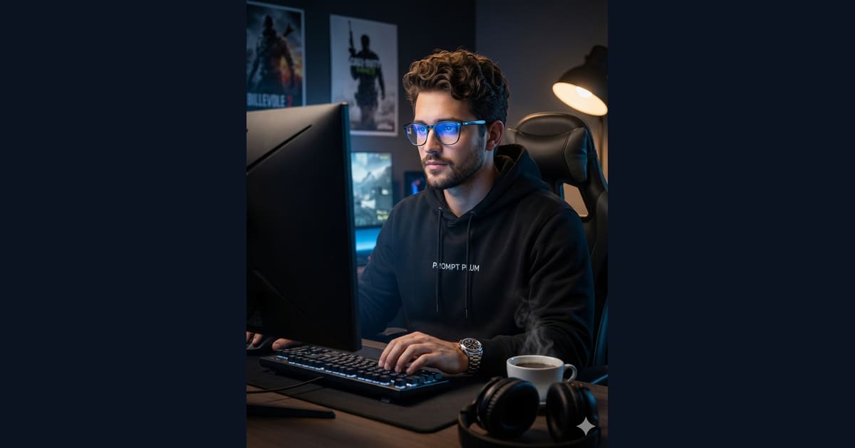 Man with Glasses at LED Gaming Setup - AI Image Prompt Result