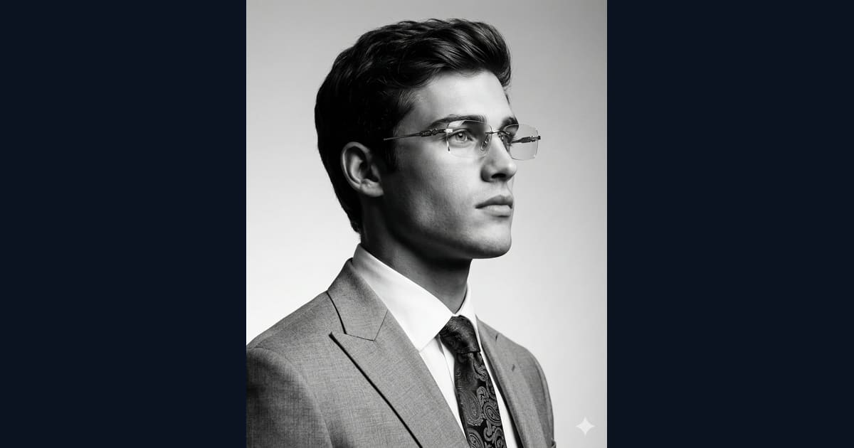 Bespoke Suit & Glasses Monochrome Studio Portrait AI Image Prompt Result