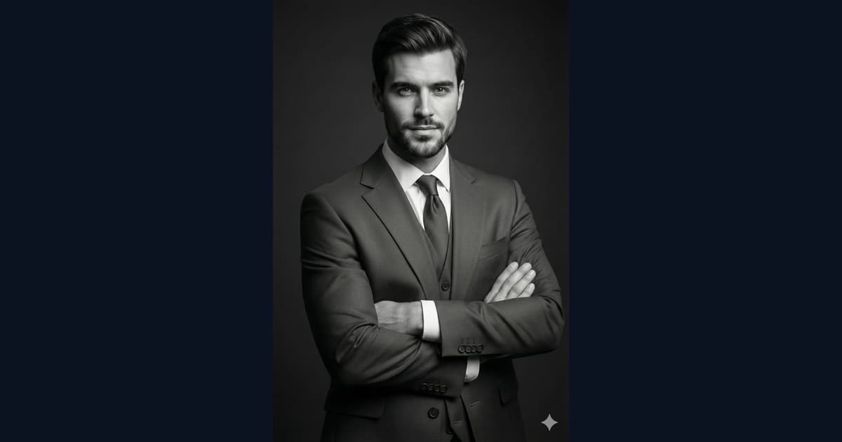 Monochrome Portrait of a Male Professional with Crossed Arms AI Image Prompt Result