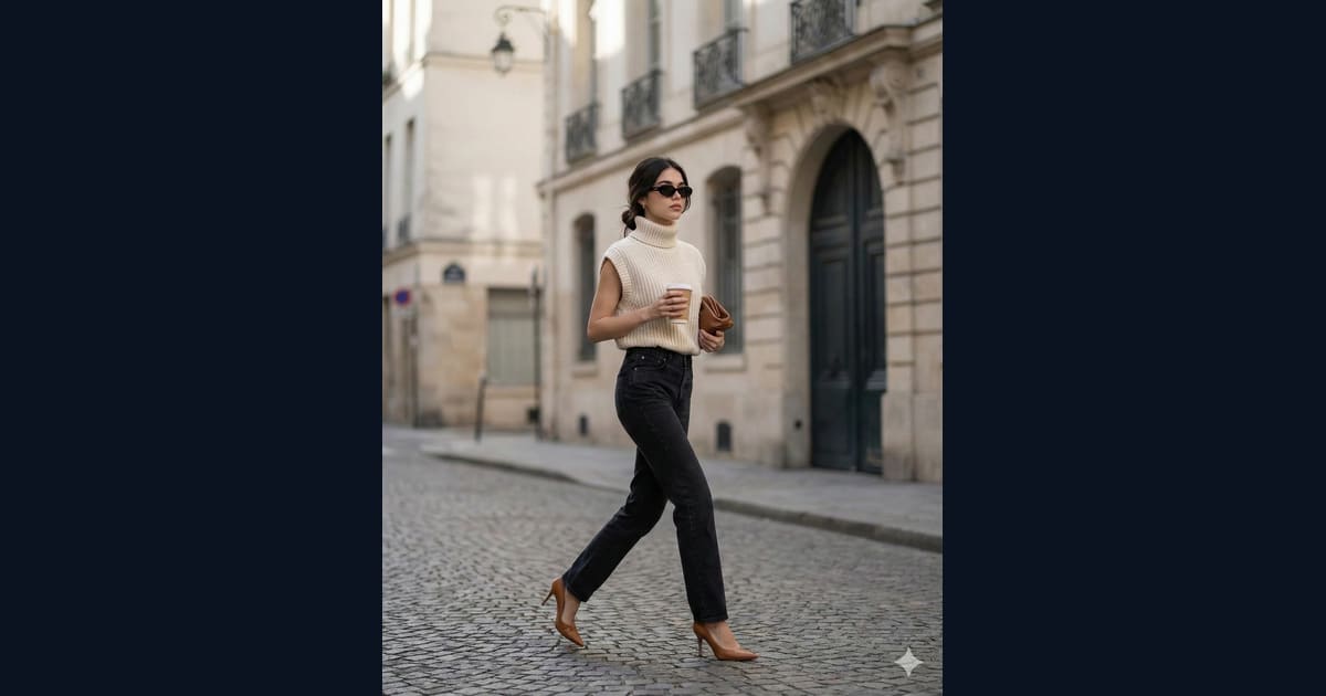 Parisian Aesthetic: Cream Knit and Black Jeans - AI Image Prompt Result