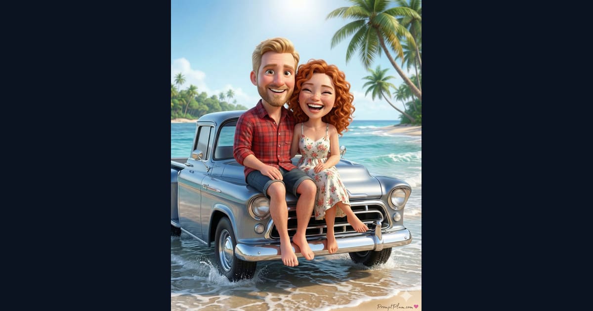 Romantic Caricature Couple Beach Vacation Illustration - AI Image Prompt Result