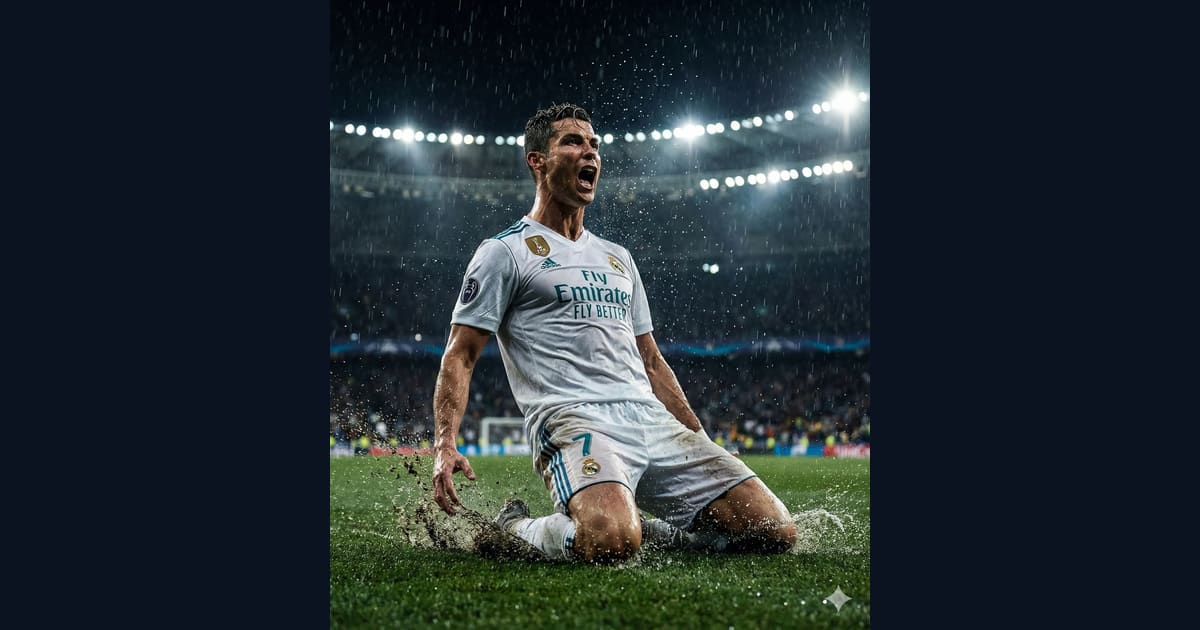 Soccer player knee slide celebration in heavy rain - AI Image Prompt Result