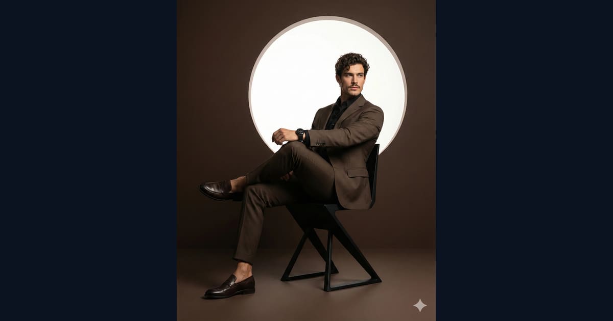 Studio Fashion Shot of Man in Brown Suit and Black Wristwatch - AI Image Prompt Result