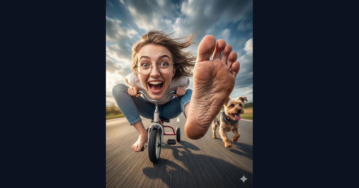 Wacky Tricycle Rides with Giant Bare Feet and Dog - AI Image Prompt Result