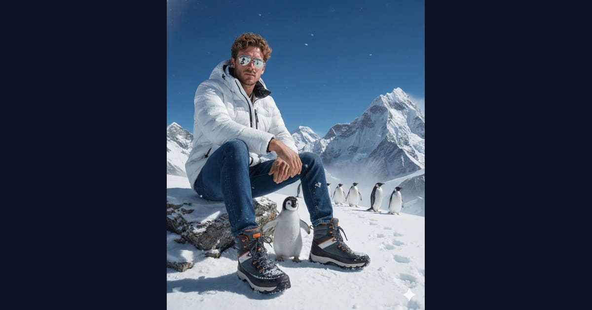 Winter Scene of Man and Penguins in the Mountains - AI Image Prompt Result