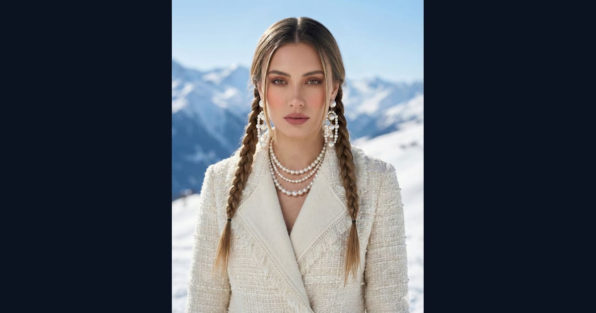 Woman with Braided Hair and Pearls in Snowy Mountains - AI Image Prompt Result