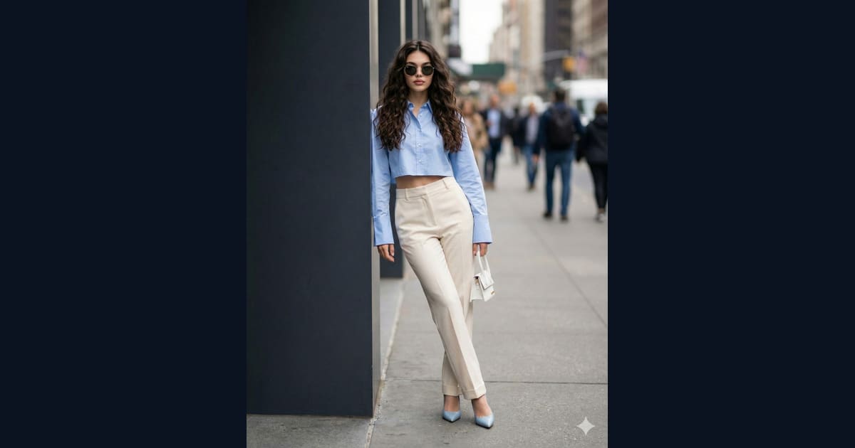 Photorealistic Women’s Street Style 2026: Light Blue Cropped Shirt & Tailored Cream Trousers - AI Image Prompt Result