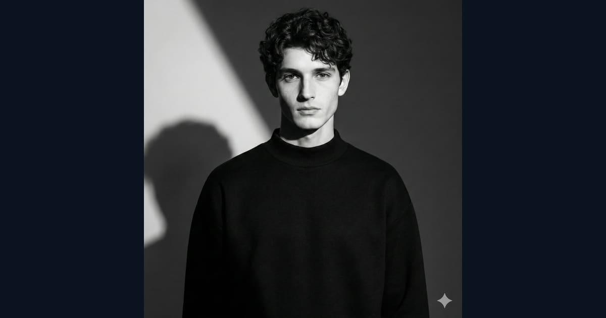 Young Man in Black Mock Neck Sweater Monochrome Portrait - AI Image Prompt Result