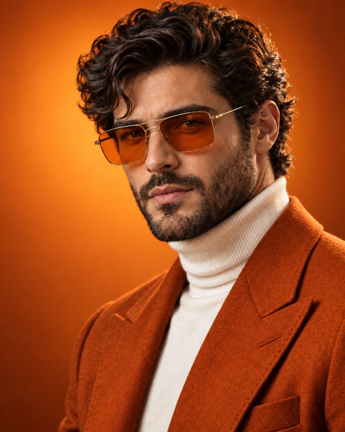 A sharp studio portrait of a bearded man in tinted aviators, a white turtleneck, and a burnt orange blazer against a matching backdrop. It's high-fashion meets monochromatic cool.
