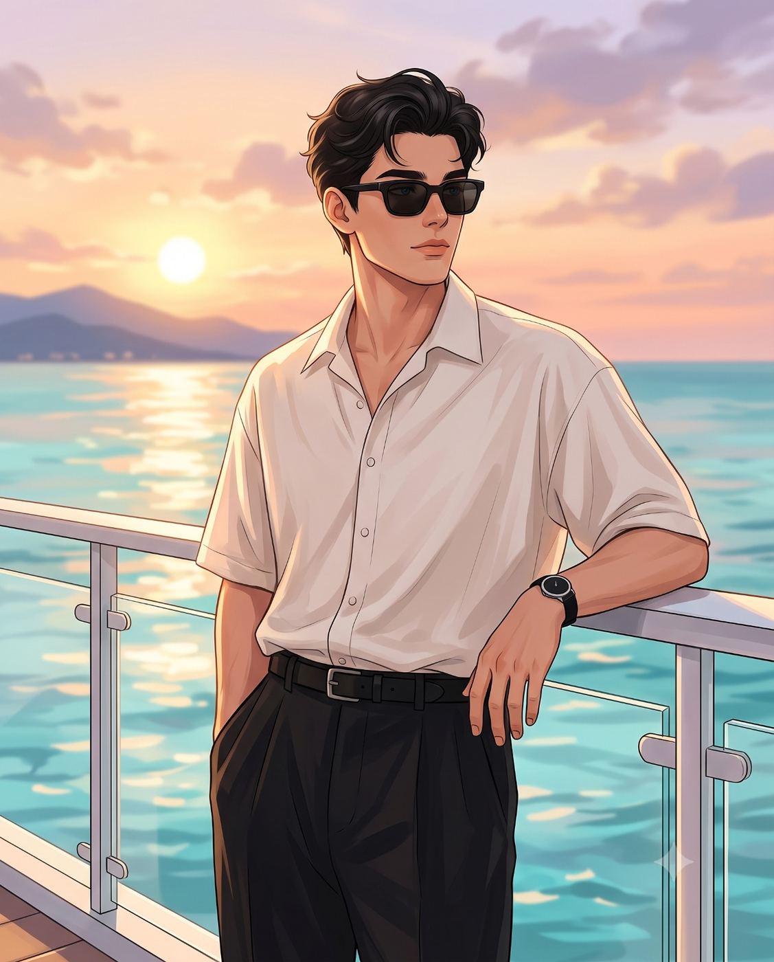 Anime Style Man by the Ocean AI Photo Editing Prompt. AI generated digital illustration of a stylish young man wearing sunglasses and a white shirt leaning on a railing at sunset.