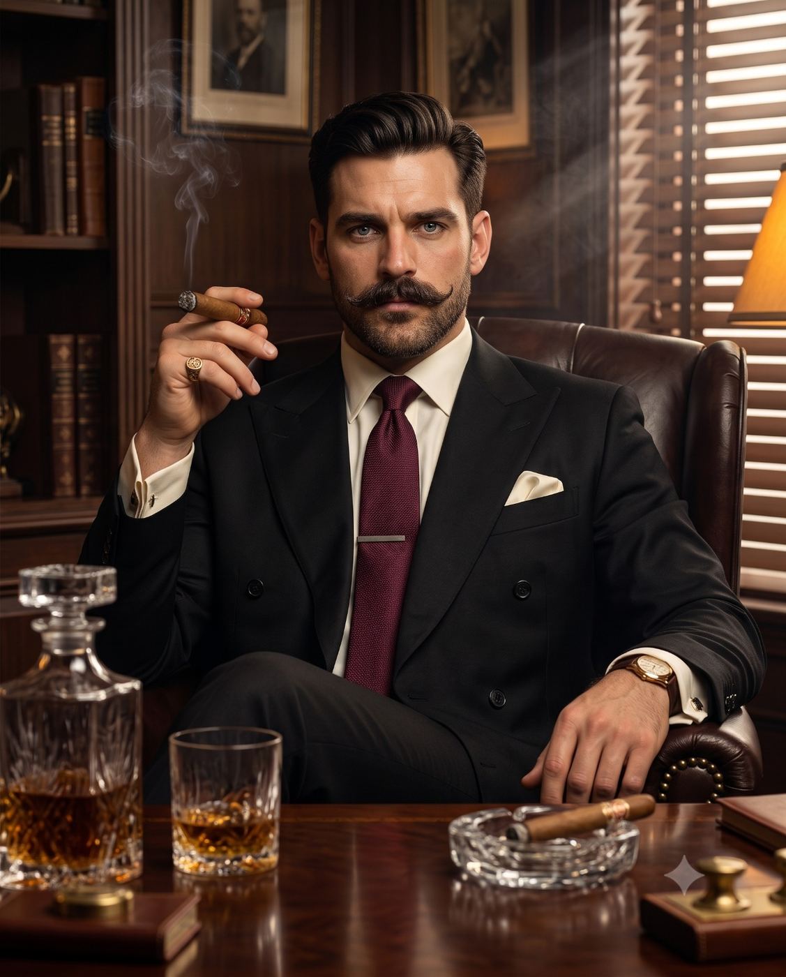 Dapper Gentleman Smoking Cigar in Vintage Office AI Photo Editing Prompt. AI generated cinematic portrait of a handsome man with a prominent mustache wearing a black double-breasted suit and burgundy tie, sitting at a desk with a whiskey decanter and smoking a cigar in a classic wood-paneled study.