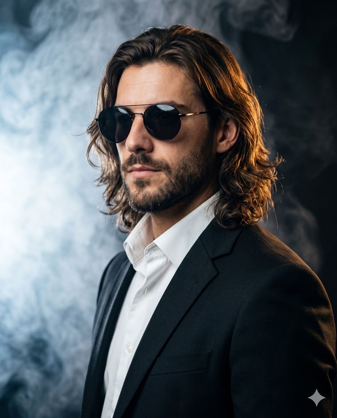 Handsome Man in Suit with Sunglasses AI Photo Editing Prompt. AI generated cinematic portrait of a long-haired bearded man wearing a white crisp shirt, black jacket, and round sunglasses against a smoky dark background.