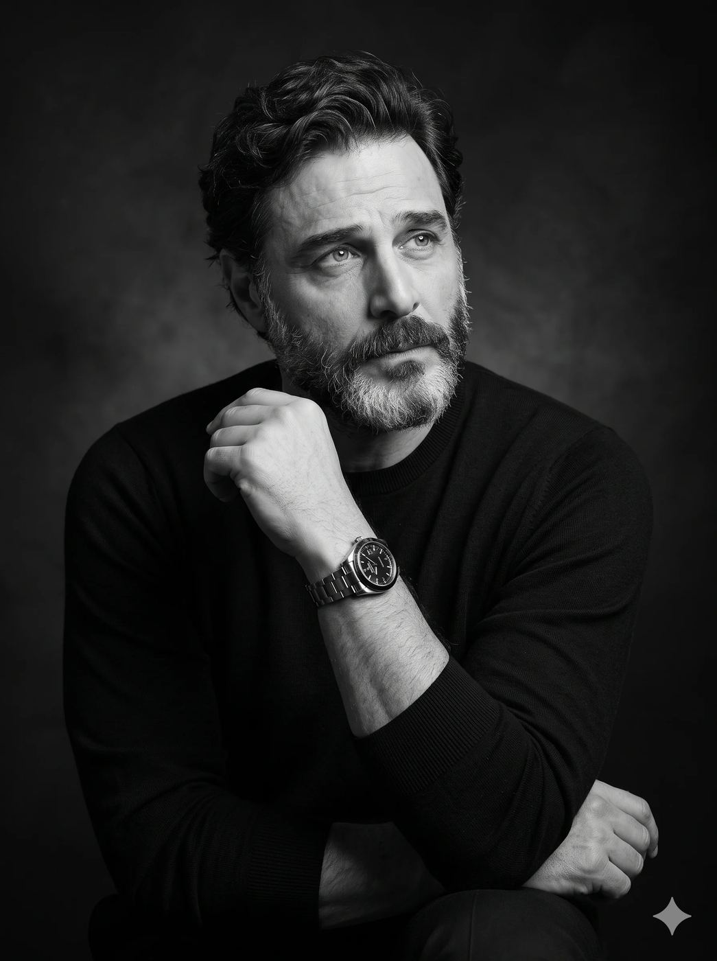 AI Photo Editing Prompt: Black-and-white studio portrait of a thoughtful bearded man wearing a metallic wristwatch.