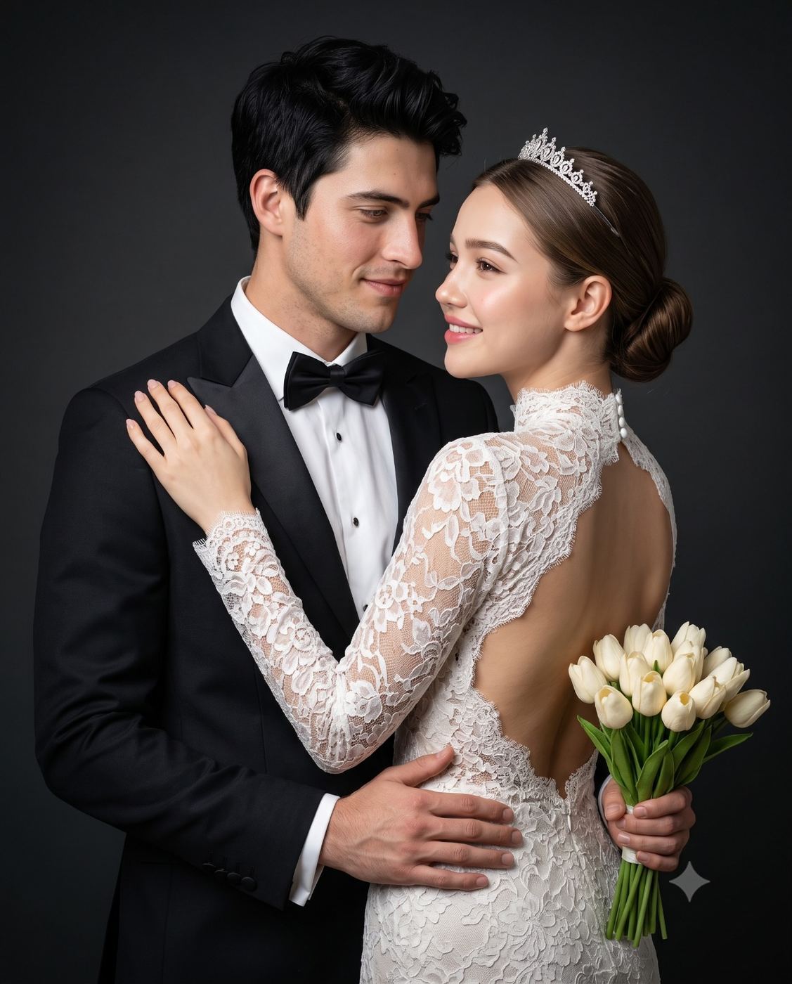 Elegant Wedding Couple Studio Portrait AI Photo Editing Prompt. AI generated studio portrait of a handsome groom in a black tuxedo and a beautiful bride wearing a lace backless dress and tiara, holding white tulips against a dark grey background.